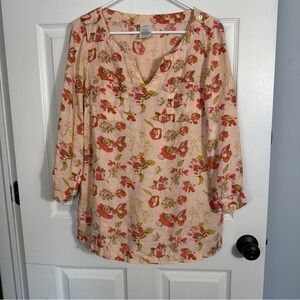 Lands End sz. 12 100% linen floral tunic, pink, 3/4 slv., fall, office, date